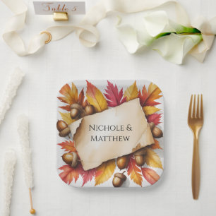 Assiettes En Carton Feuilles d'automne à l'aquarelle et mariage rustiq