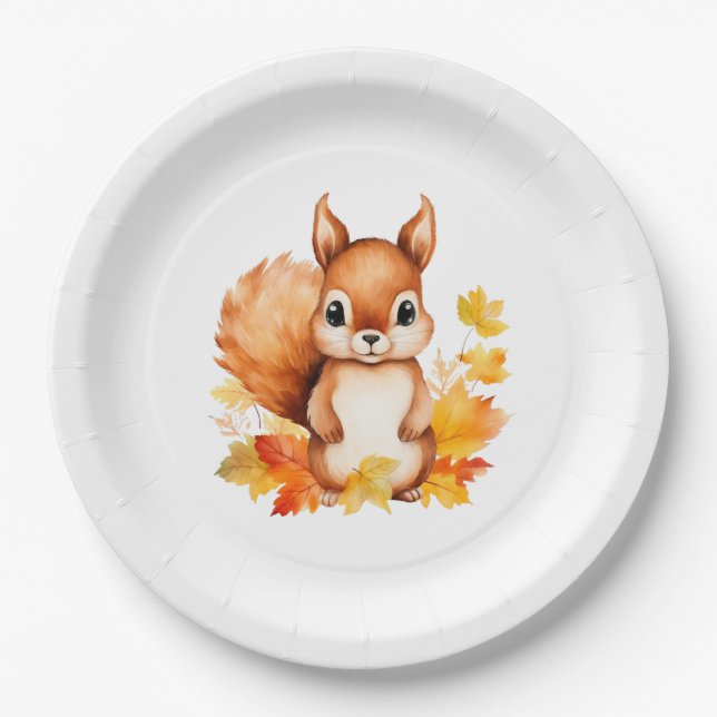 Assiettes En Carton Feuilles d'automne d'écureuil animal mignon person (Devant)