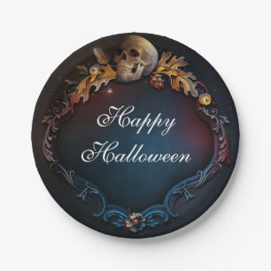 Assiettes En Carton Feuilles d'automne et crâne tombent Soirée Hallowe