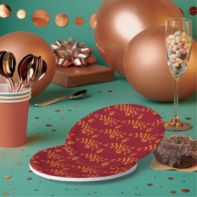 Assiettes En Carton Feuilles de branches de silhouette orange sur roug (Multi)