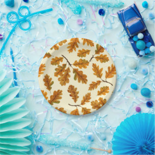 Assiettes En Carton Feuilles de chêne automnal sur blanc