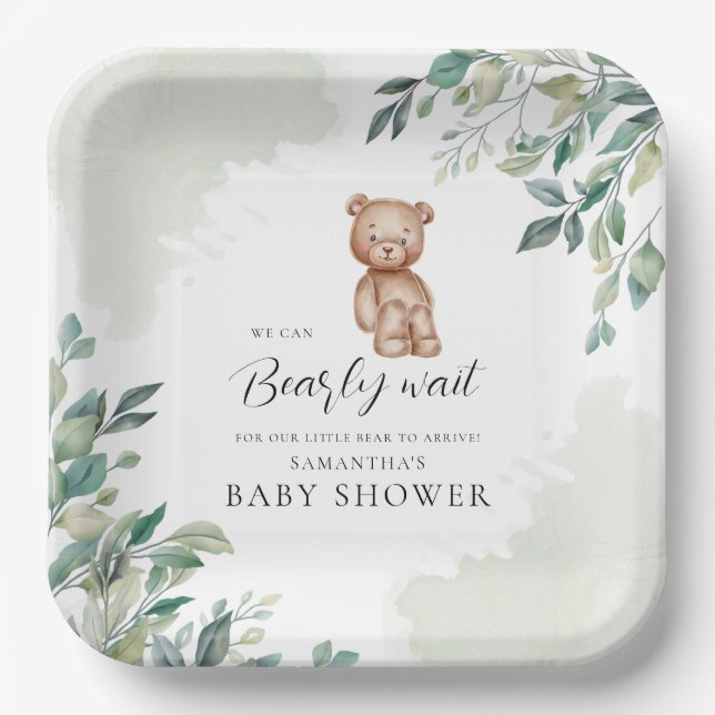 Assiettes En Carton Feuilles de l'Eucalyptus et Baby shower de l'ours (Recto)