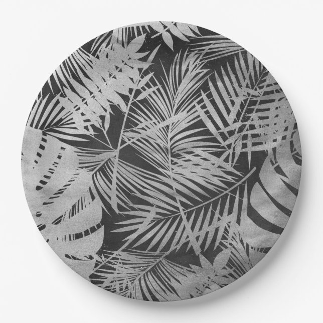 Assiettes En Carton feuilles de palmier noir et blanc (Devant)