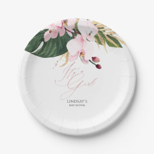 Assiettes En Carton Feuilles de palmier vertes et dorées Orchidées ros