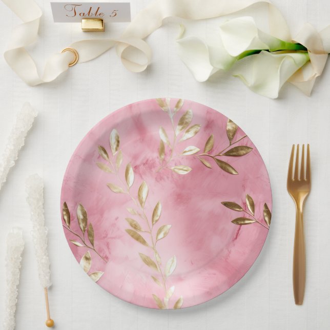 Assiettes En Carton Feuilles d'Or Rose (Mariage)