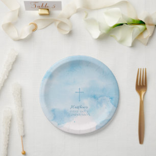 Assiettes En Carton Feuilles et croix de couleur bleu communion
