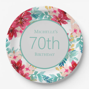 Assiettes En Carton Feuilles Florales Aquarelle Rose Turquoise 70e Ann
