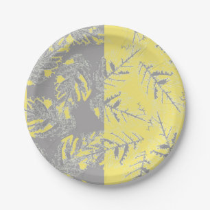 Assiettes En Carton Feuilles gris et jaunes sur un arrière - plan rayé