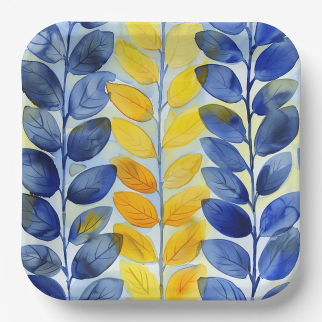 Assiettes En Carton Feuilles jaune et bleu (Recto)