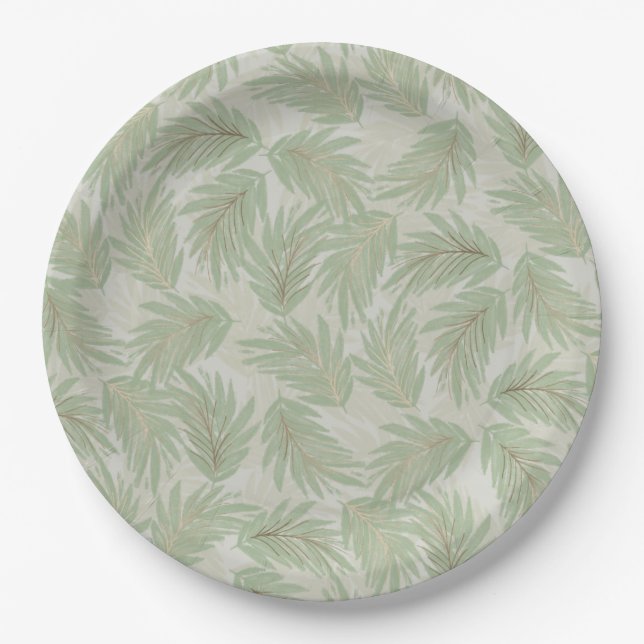 Assiettes En Carton Feuilles Tropical Vert et Or sur Sage (Devant)