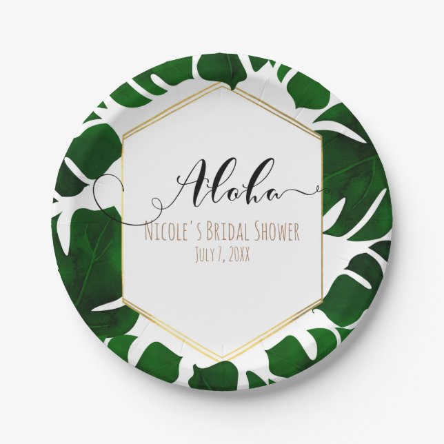 Assiettes En Carton Feuilles Tropical Vert foncé Blanc & Mariage Or (Devant)