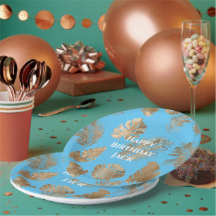 Assiettes En Carton Feuilles tropicaux Aqua Blue Gold
