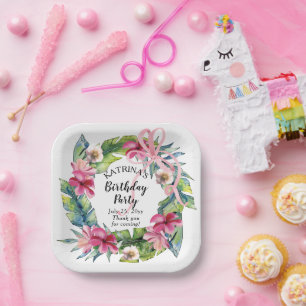 Assiettes En Carton Feuilles tropicaux   Fête d'anniversaire rose