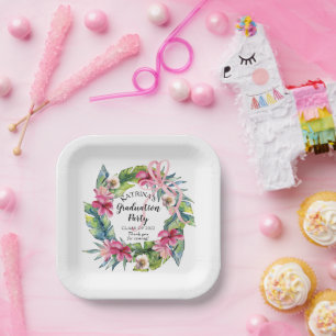 Assiettes En Carton Feuilles tropicaux   Pink Floral Graduation Party
