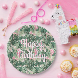 Assiettes En Carton Feuilles tropicaux verts et roses   Joyeux anniver
