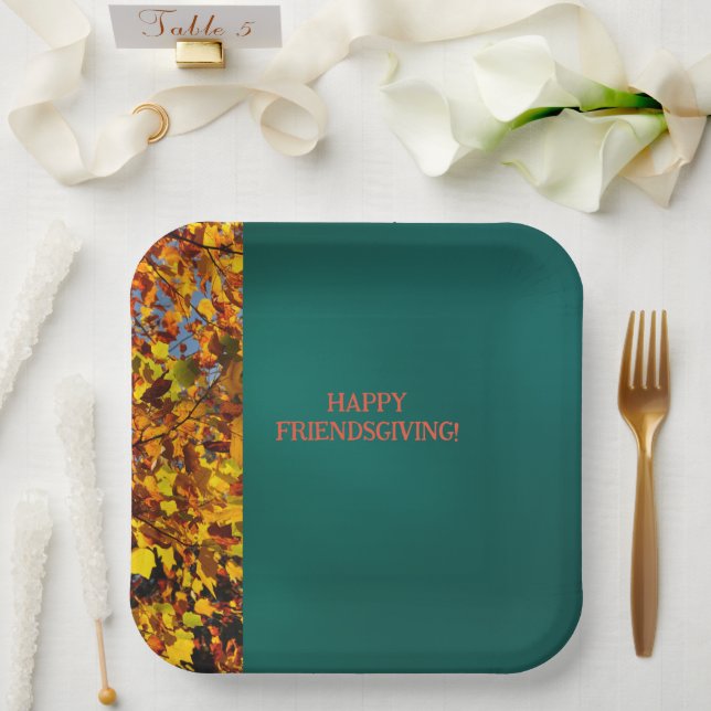 Assiettes En Carton Feuilles Turquoises sombres Thanksgiving Friendsgi (Mariage)