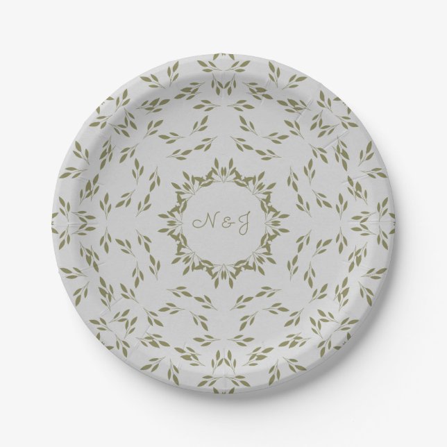 Assiettes En Carton Feuilles vert olive Oatmeal naturel Mariage rustiq (Devant)