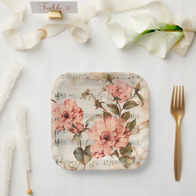 Assiettes En Carton Feuillet de musique Peach Poppies (Mariage)