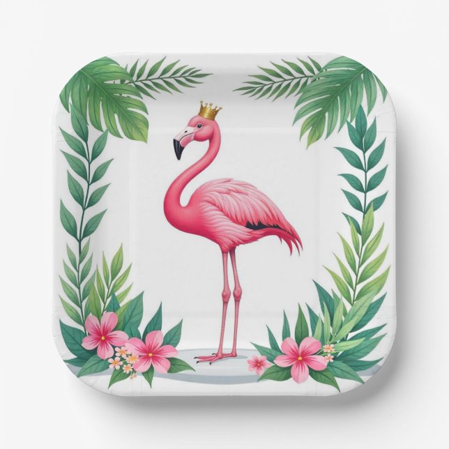 Assiettes En Carton Feuillus | Élégant Flamant rose rose Couronne Trop (Recto)