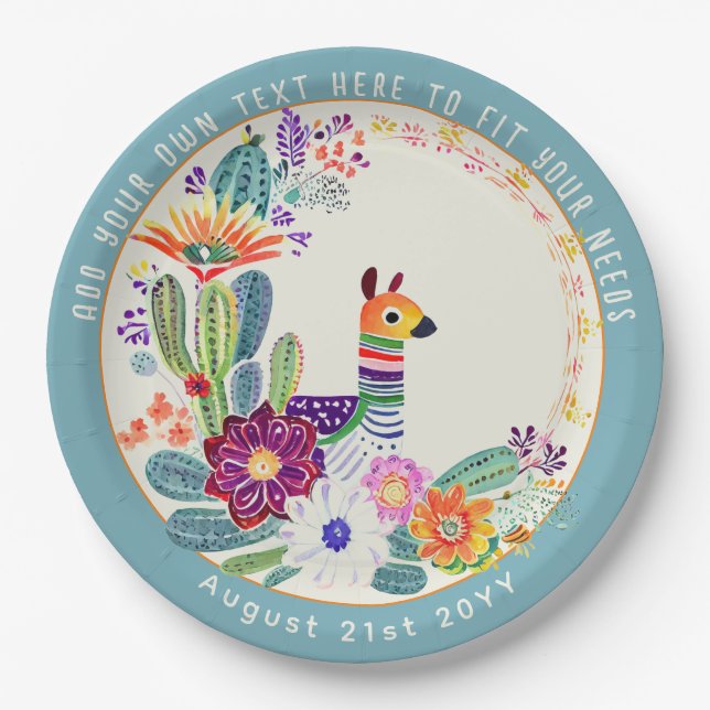 Assiettes En Carton FIESTA Cactus Llama FolkFlowers Party Personnalisé (Devant)