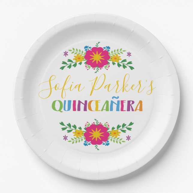 Assiettes En Carton Fiesta Quinceañera mexicaine colorée (Devant)
