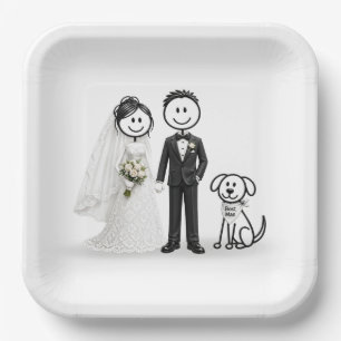 Assiettes En Carton Figures de mariés avec chien de témoin
