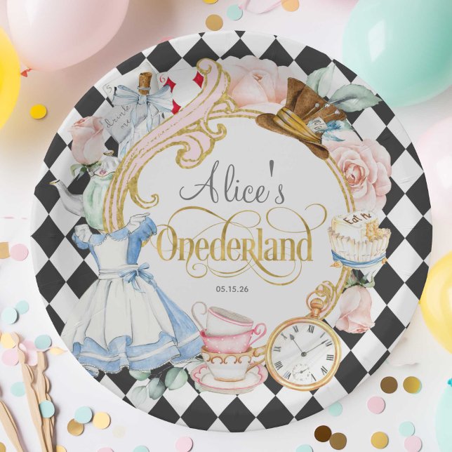Assiettes En Carton Fille 1er anniversaire, Alice Onederland, Tea part (Alice Onederland, girl 1st birthday, Mad hatter tea party birthday paper plate.)