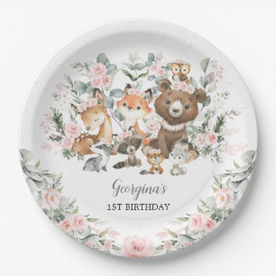 Assiettes En Carton Fille Animaux des bois Eucalyptus Rose Anniversair