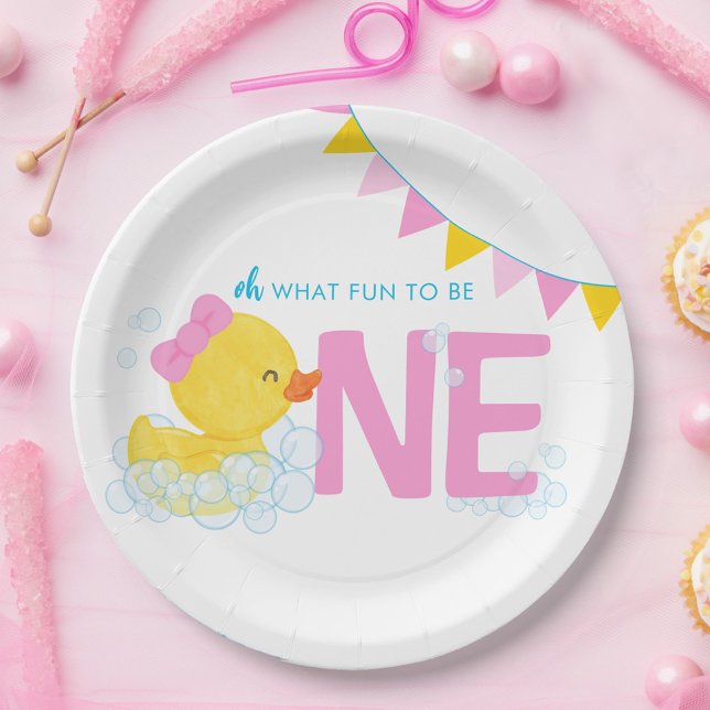 Assiettes En Carton Fille Aquarelle Caoutchouc Un 1er anniversaire (Oh What fun to be One Girl Rubber Duck 1st Birthday Paper Party Plates)
