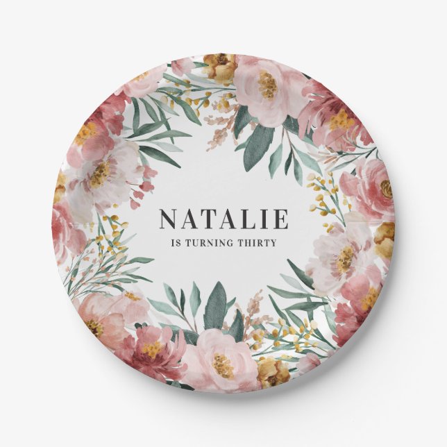 Assiettes En Carton Fille aquarelle florale anniversaire rose chic (Devant)