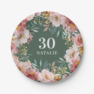 Assiettes En Carton Fille aquarelle florale anniversaire rose chic