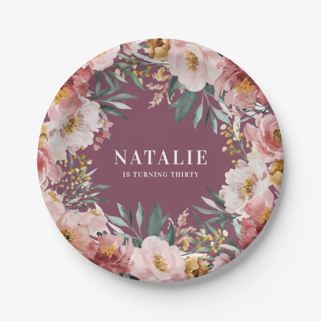 Assiettes En Carton Fille aquarelle florale anniversaire rose chic (Devant)