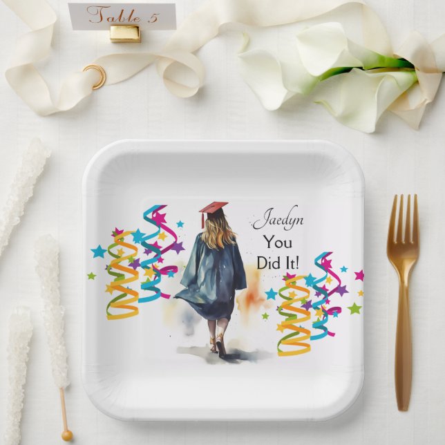 Assiettes En Carton Fille aquarelle personnalisée Fête des diplômés (Mariage)