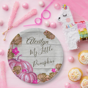 Assiettes En Carton Fille Baby shower Gris Bois Automne Citrouille ros