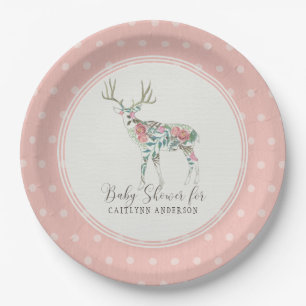 Assiettes En Carton Fille Baby shower Moderne Rose Floral Deer Antlers