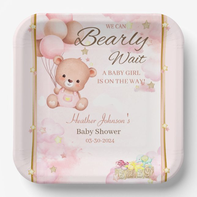 Assiettes En Carton Fille Baby shower ours (Recto)