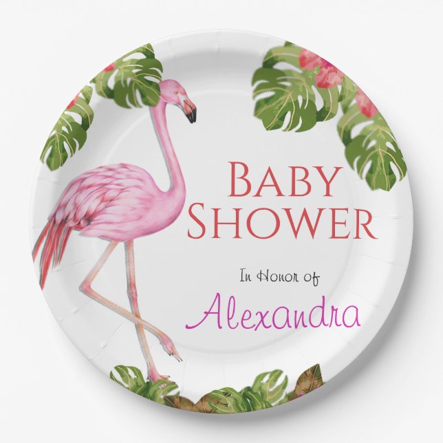 Assiettes En Carton Fille Baby shower rose Flamant rose faune tropical (Devant)