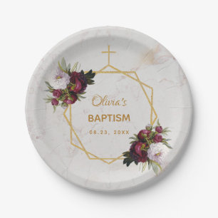 Assiettes En Carton Fille Baptême Bourgogne Peonies Marbre Or Floral