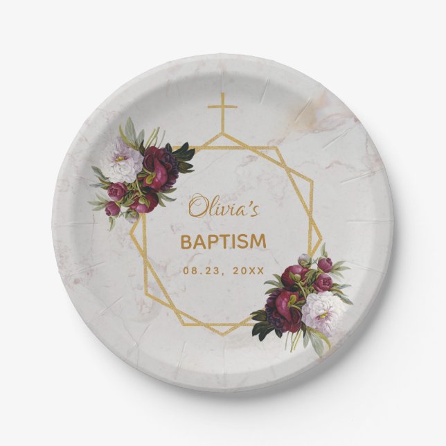 Assiettes En Carton Fille Baptême Bourgogne Peonies Marbre Or Floral (Devant)