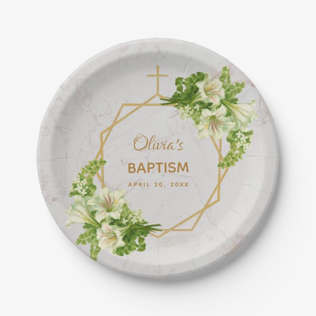 Assiettes En Carton Fille Baptême Floral Lys Marbre Or Géométrique (Devant)