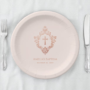 Assiettes En Carton Fille Baptême Rose Rose Or Elégant Vintage Crest