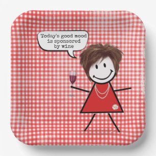 Assiettes En Carton Fille Bâton Avec Verre à Vin Sur Gingham 