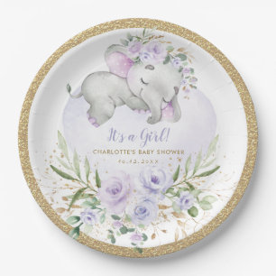 Assiettes En Carton Fille Bébé Eléphant Purple Or Floral Douche