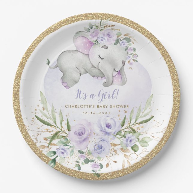 Assiettes En Carton Fille Bébé Eléphant Purple Or Floral Douche (Devant)