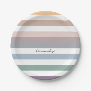 Assiettes En Carton Fille Beige Bleu Large Bande Horizontale Avec Nom