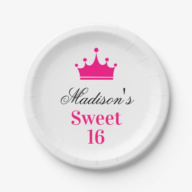 Assiettes En Carton Fille blanche Hot rose Sweet 16 Princesse Nom de l (Devant)