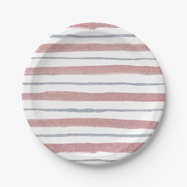 Assiettes En Carton Fille Blush rose Parties scintillant argent rayure (Devant)