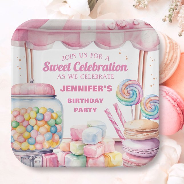 Assiettes En Carton Fille Candy Land Retro Rose Sweets Anniversaire (Créateur téléchargé)