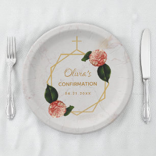 Assiettes En Carton Fille Confirmation Marbre Rose Camélia Floral Or