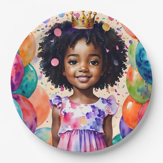 Assiettes En Carton Fille d'anniversaire avec la peau Brown Princesse  (Devant)